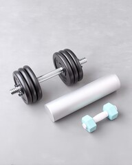 Black Dumbbells and Silver Barbell on Grey Textured Background
