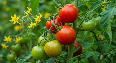 Close-up of ripe and unripe tomatoes growing on a plant in a garden