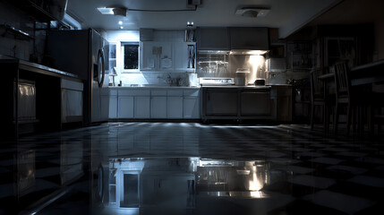 Modern kitchen interior with reflective floor at night