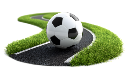 A soccer ball positioned on a grassy field with a winding pathway