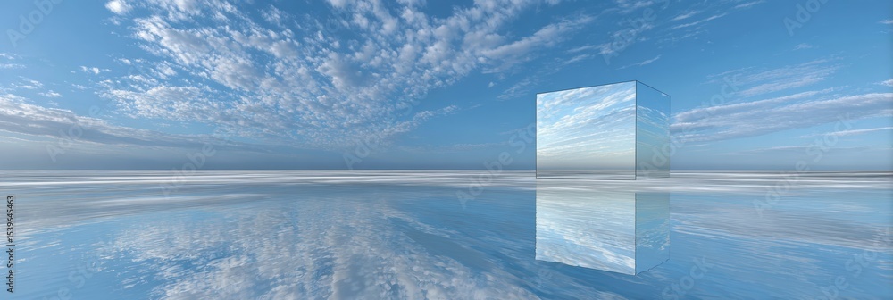 Poster Self-reflection Mirror Suspended in an Abstract Field of Clouds and Water Creates an Illusion of Boundless Space and Tranquility