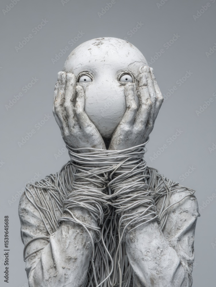 Poster tension displayed in a clay illustration of a figure holding tangled wires with a stressed expressio