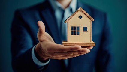 Businessman's hand holding a miniature house