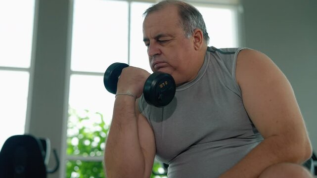middle-aged fat man is lifting dumbbells in a gym to lose weight and be healthy.	

