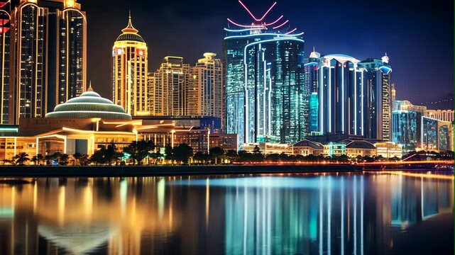 Vibrant Night Cityscape with Colorful Reflections on Water
