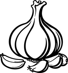 minimalist black outline of garlic bulb with individual cloves, isolated on white background.