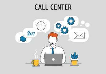 Male Customer Service Representative at Call Center with Headset and Laptop, 24/7 Support. Hand drawn style vector design illustrations.