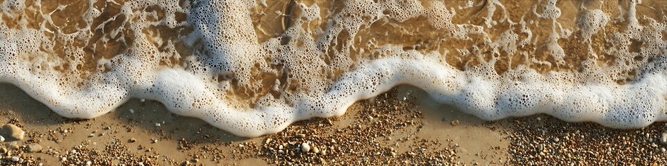 Close up of sea foam on a beach with pebbles and sand creating a textured and natural landscape view