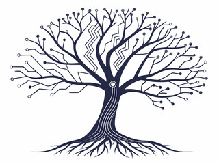 Modern Tree With Circuit Branches Dark Silhouette Whit Vector