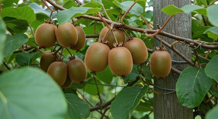 Close-up of ripe kiwi fruit hanging from the vine in a lush green orchard setting