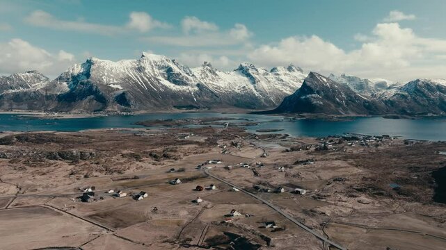 Mountains And Ocean In Roren, Norway In Winter - Drone Shot