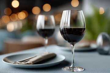 Elegant restaurant setting with two glasses of red wine and soft ambient lighting