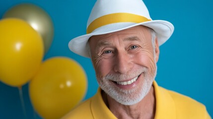 Elderly caucasian male in yellow shirt and white hat smiling with balloons