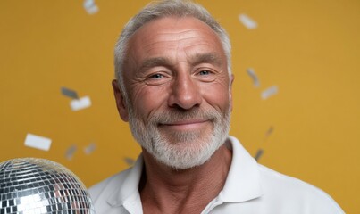 Elderly caucasian male with beard holding disco ball in celebratory scene with confetti