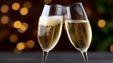 Two champagne glasses clinking with bokeh background at celebration event