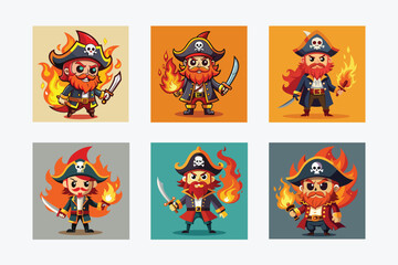 Collection of cartoon pirate characters with fire effects