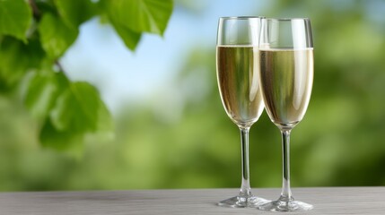 Two glasses of sparkling champagne on a table with green leafy background