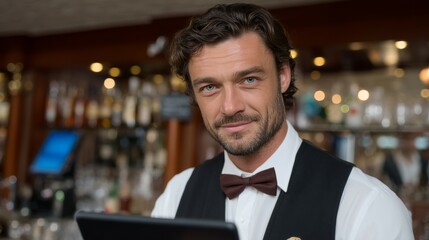 Caucasian male bartender in formal attire standing in a bar