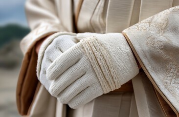 Close-up of person in traditional beige robe with knitted gloves outdoors