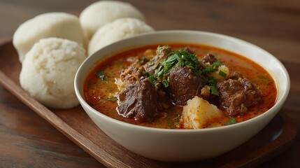 Hearty Ghanaian fufu with soup and meat is served.