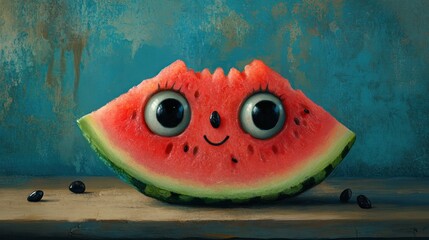 Cartoon watermelon slice on wooden shelf