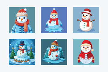 Collection of six cartoon snowman illustrations squares
