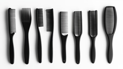 Eight black combs of various types and sizes arranged in a row on a white background.
