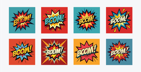 Collection of comic book boom explosions in square frames