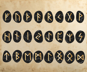 Full Elder Futhark rune alphabet displayed on black marble-like stones with gold rune engravings. Set against an aged parchment background