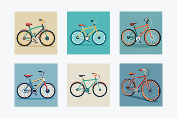 Obraz premium Collection of six colorful bicycle illustrations on squares