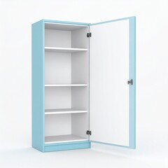 Light Blue Modern Cabinet with Open Door and Shelves.