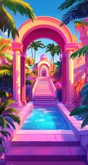 Obraz premium Tropical archway, vibrant stairs, lush garden