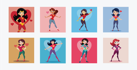 Collection of cartoon superhero women with hearts icons