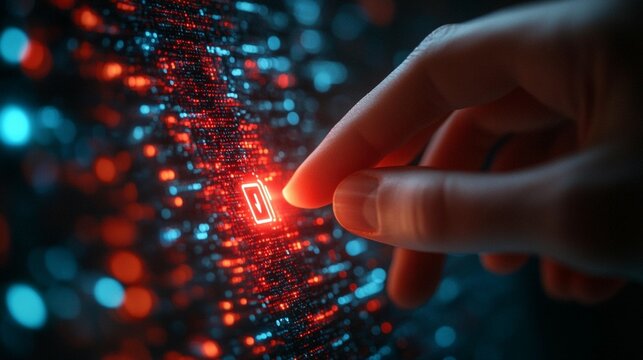 A hand touches a glowing code matrix