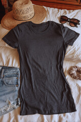 Blank black female t shirt template on background. T-shirt design mockup for using promotion	