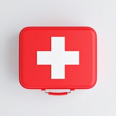 Obraz premium Red First Aid Kit Box Top View Medical Emergency Healthcare Safety.