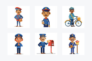 Illustrations of cartoon postmen in various activities
