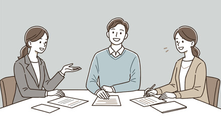 Professional Business Meeting with Diverse Colleagues Collaborating, Discussion and Agreement in Office Setting. Hand drawn style vector design illustrations.