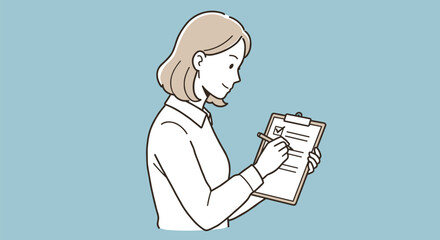 Focused Woman Checking Checklist on Clipboard, Task Completion and Productivity for Business and Education. Hand drawn style vector design illustrations.