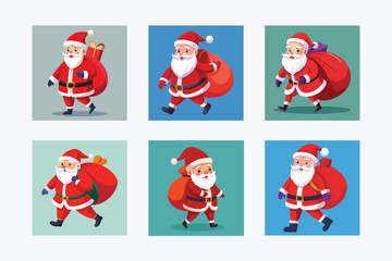 Cartoon santa claus illustrations with gifts on his back