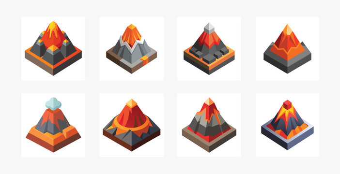 Isometric volcano icons with lava and different designs