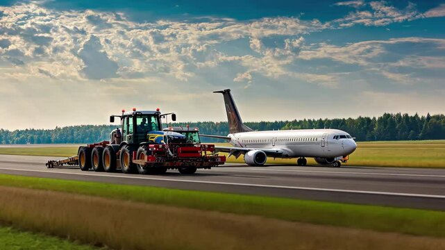 Tow tractor transporting passenger plane on the runway during a sunny day, Tow Tractor towing a passenger plane on the runway of the airfield