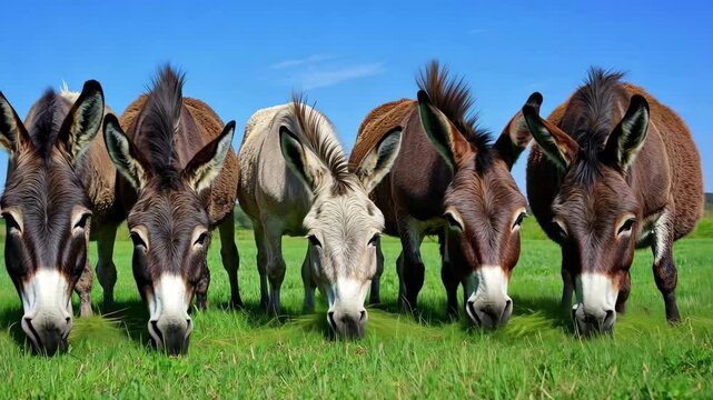 Five docile donkeys enjoying a sunny day eating lush green grass in a meadow, Five well tempered and docile donkeys eating grass on the green lawn under the azure blue sky