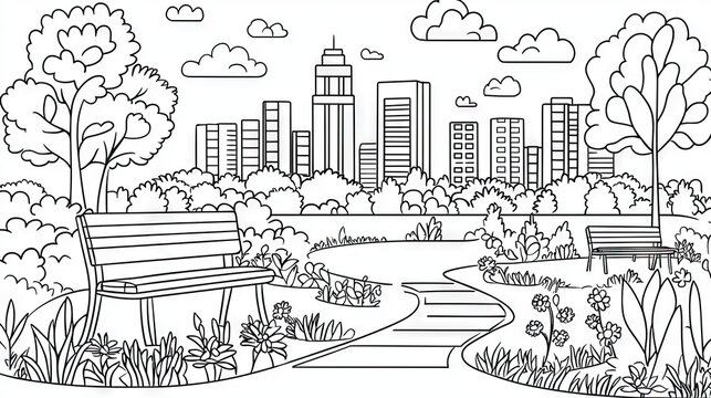 City park scene with benches and trees.