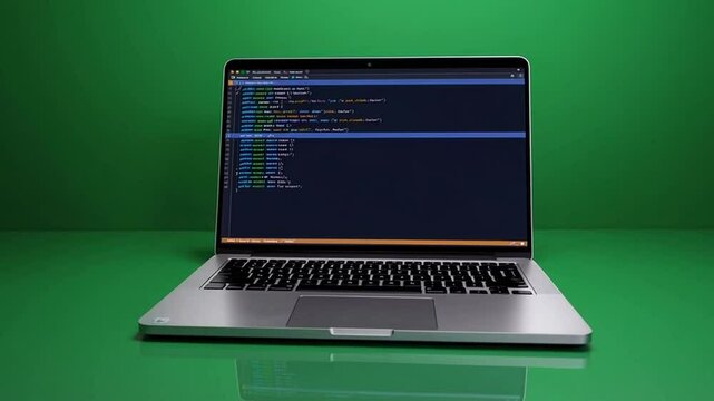 Sleek Silver Laptop on Glossy Green Surface with Minimalist Design and Modern Aesthetic Appeal