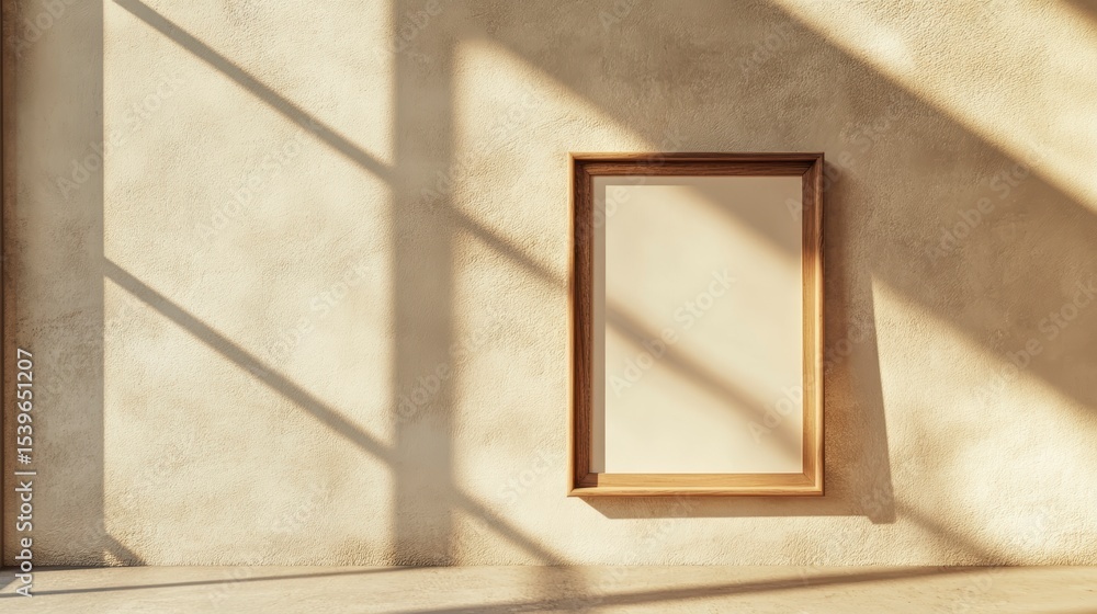 Canvas Prints blank vertical frame on textured wall with sunlight shadows.