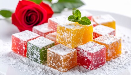Colorful Turkish delights cubes with powdered sugar and a red rose
