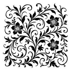 Classic black and white floral design element featuring elegant, curved leaves and intricate detailing.