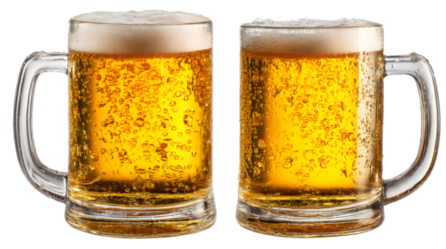 Two Mugs of Cold Beer with Frothy Heads and Rising Bubbles