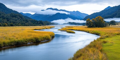 Obraz premium A serene river flows through a lush valley, surrounded by mountains and mist, showcasing the beauty of nature in a tranquil landscape.